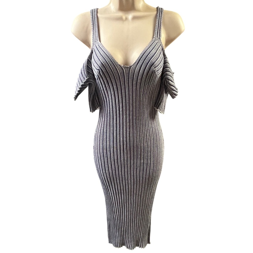 CAARA Ribbed Knit Midi Dress Womens M Blue White Cold Shoulder Bodycon Striped